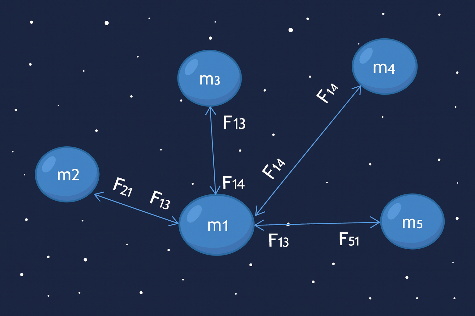 dengan 5 massaN-body gravitational forces visualization